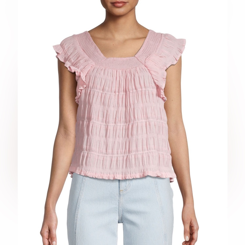 DESIGN 365 Pink Flutter Short Sleeves Tops Cotton Smocked top Casual blouse